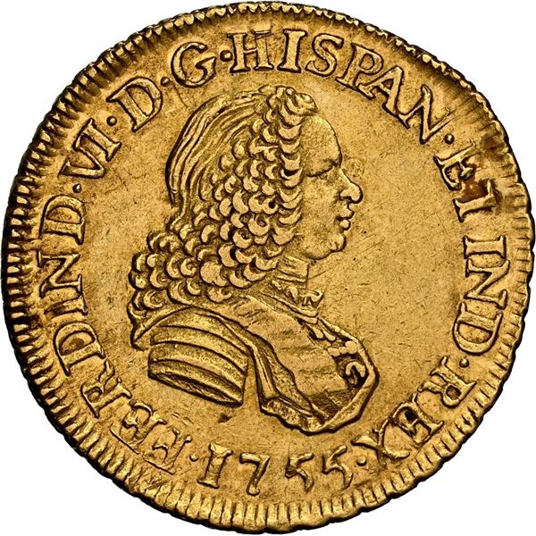PERU, Lima, gold bust 2 escudos, Ferdinand VI, 1755 JM, second bust, rare, NGC AU 55, finest and onl