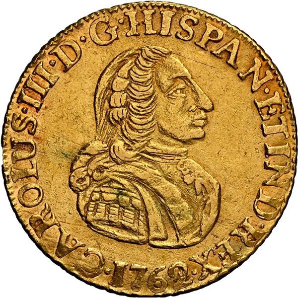 PERU, Lima, gold bust 2 escudos, Charles III, 1762/1 JM, first bust, very rare, NGC AU details / cle