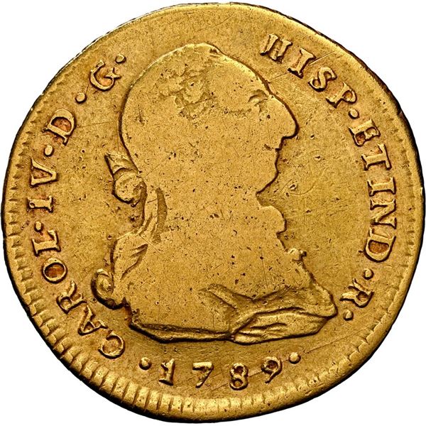 PERU, Lima, gold bust 2 escudos, Charles IV transitional (bust of Charles III, ordinal IV), 1789 IJ,