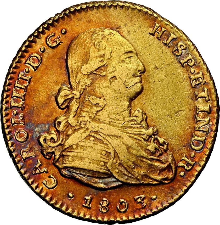 Iv1803 PERU, Lima, gold bust 2 escudos, Charles IV, 1803 JP, extremely rare ...