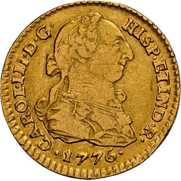PERU, Lima, gold bust 1 escudo, Charles III, 1776 MJ, NGC XF details / edge damage, finest and only 