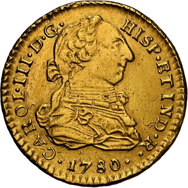 PERU, Lima, gold bust 1 escudo, Charles III, 1780 MI, NGC AU details / removed from jewelry, ex-Alme