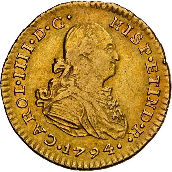 PERU, Lima, gold bust 1 escudo, Charles IV, 1794 IJ, NGC AU 50, ex-Almenara.