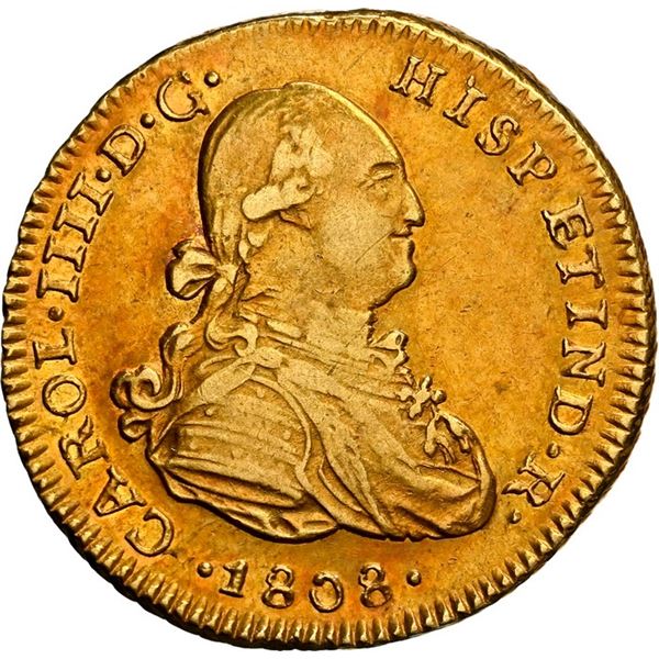 PERU, Lima, gold bust 1 escudo, Charles IV, 1808 JP, NGC AU details / rev cleaned, "top pop," ex-Alm