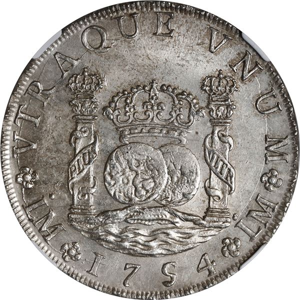 PERU, Lima, pillar 8 reales, Ferdinand VI, 1754 JD, NGC MS 62.