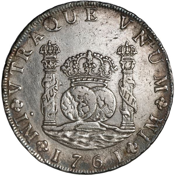 PERU, Lima, pillar 8 reales, Charles III, 1761 JM, no dot over right mintmark, ex-Brameld.