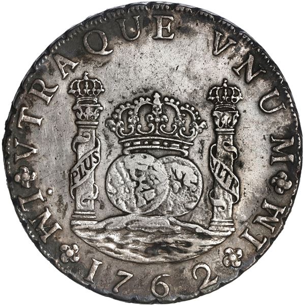 PERU, Lima, pillar 8 reales, Charles III, 1762 JM, no dot over right mintmark, ex-Brameld.