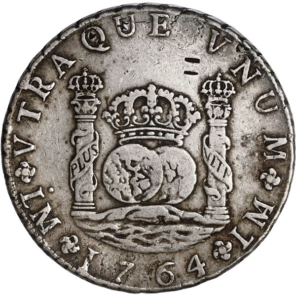 PERU, Lima, pillar 8 reales, Charles III, 1764 JM, no dot over right mintmark, with chopmarks, rare,