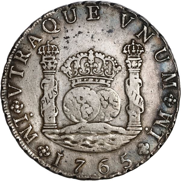 PERU, Lima, pillar 8 reales, Charles III, 1765 JM, both mintmarks dotted, ex-Brameld.