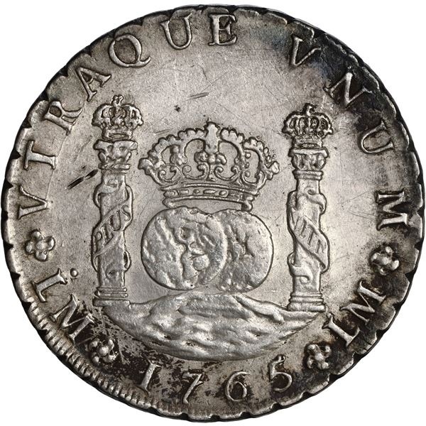 PERU, Lima, pillar 8 reales, Charles III, 1765 JM, no dot over right mintmark, ex-Brameld.