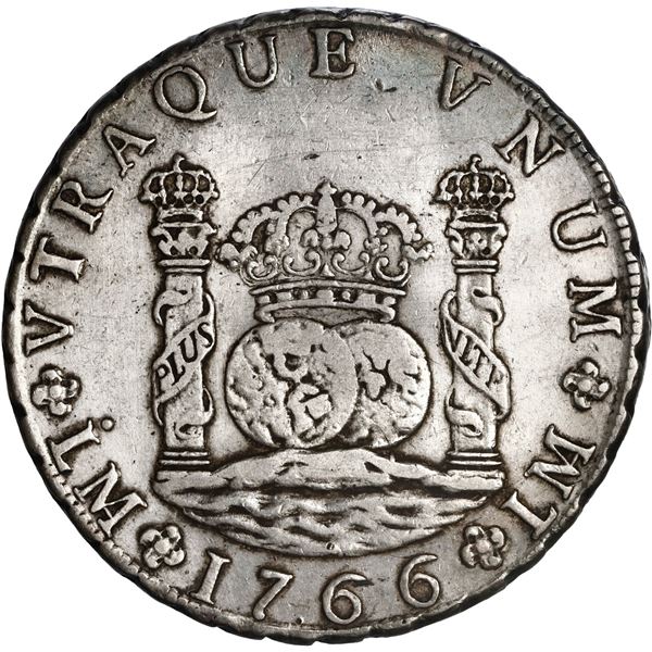 PERU, Lima, pillar 8 reales, Charles III, 1766 JM, no dot over right mintmark, ex-Brameld.