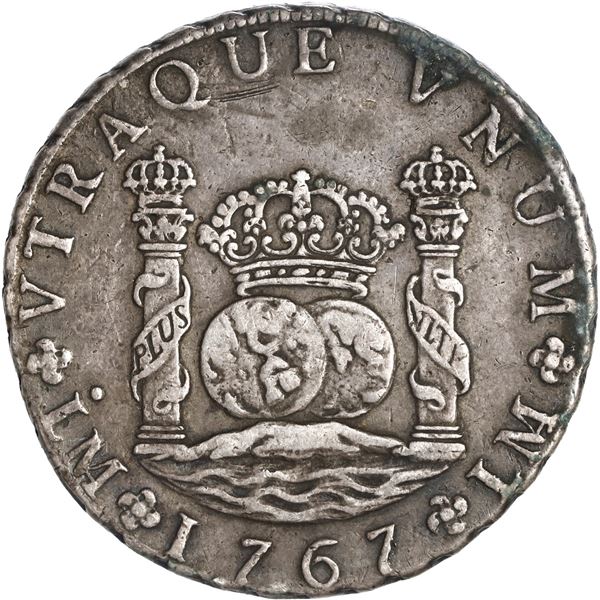 PERU, Lima, pillar 8 reales, Charles III, 1767 JM, no dot over right mintmark, ex-Brameld.