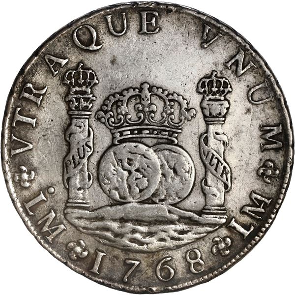 PERU, Lima, pillar 8 reales, Charles III, 1768 JM, no dot over right mintmark, ex-Brameld.