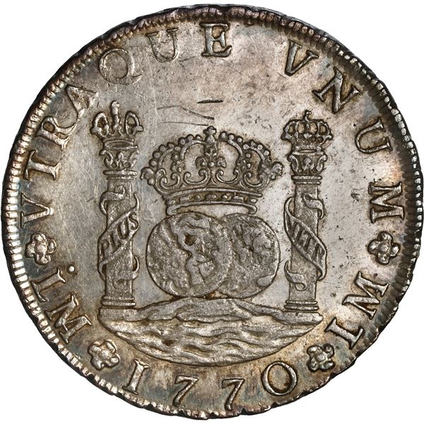 PERU, Lima, pillar 8 reales, Charles III, 1770 JM, no dot over right mintmark, ex-Brameld.
