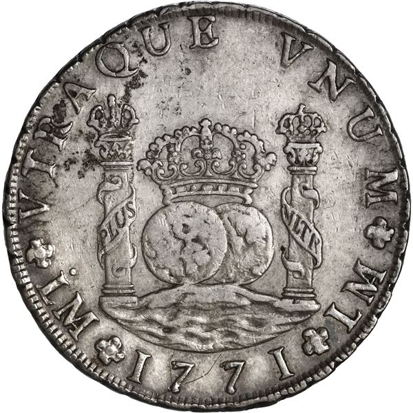 PERU, Lima, pillar 8 reales, Charles III, 1771 JM, no dot over right mintmark, ex-Brameld.