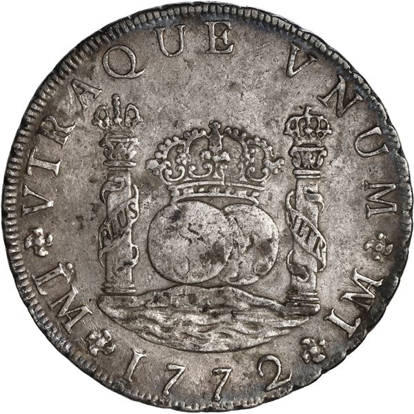 PERU, Lima, pillar 8 reales, Charles III, 1772 JM, no dot over right mintmark, ex-Brameld.