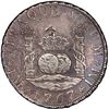 Image 1 : PERU, Lima, pillar 4 reales, Charles III, 1767/6 JM, extremely rare, PCGS AU details / chop mark, ex
