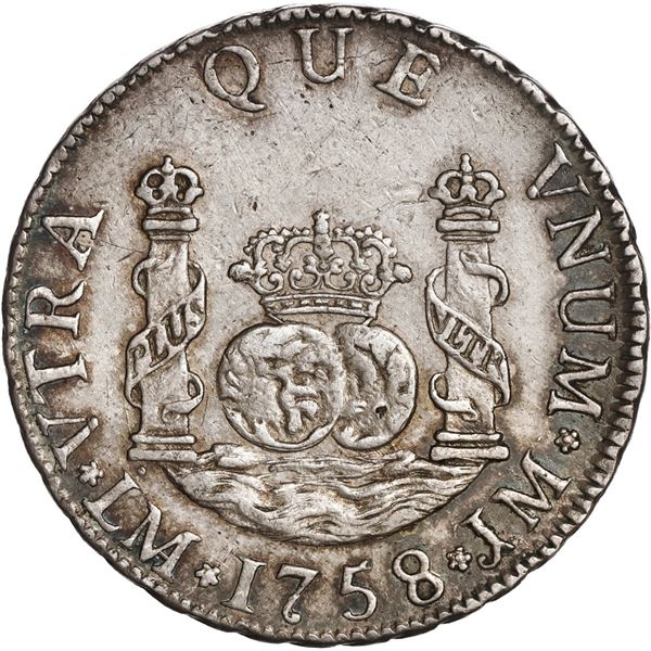 PERU, Lima, pillar 2 reales, Ferdinand VI, 1758 JM, dotted mintmark, ex-O'Brien.