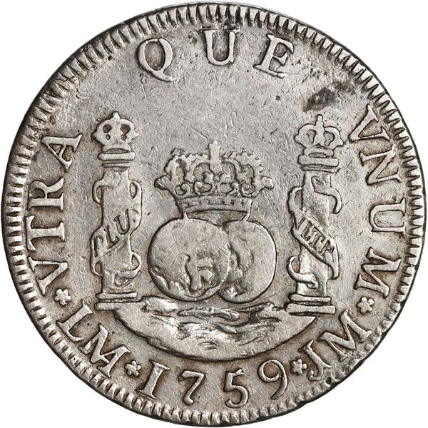 PERU, Lima, pillar 2 reales, Ferdinand VI, 1759 JM, mintmark not dotted, very rare, ex-O'Brien.
