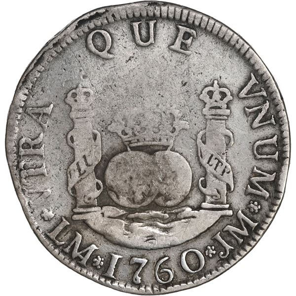 PERU, Lima, pillar 2 reales, Ferdinand VI, 1760/59 JM, • at beginning and end of shield-sid
