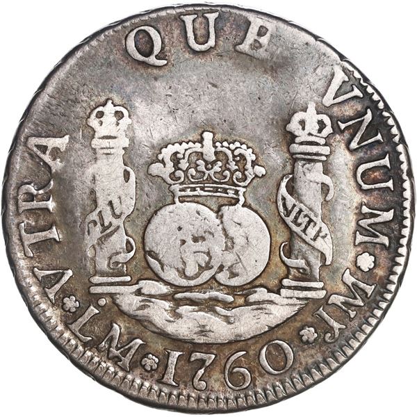 PERU, Lima, pillar 2 reales, Charles III, 1760 JM, dotted mintmark, very rare, ex-O'Brien.