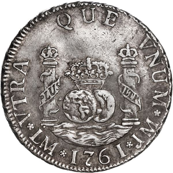 PERU, Lima, pillar 2 reales, Charles III, 1761 JM, dotted mintmark, ex-O'Brien.