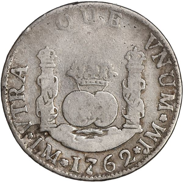PERU, Lima, pillar 2 reales, Charles III, 1762 JM, dotted mintmark, extremely rare, ex-O'Brien.