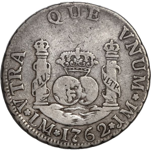 PERU, Lima, pillar 2 reales, Charles III, 1762 JM, mintmark not dotted, very rare, ex-O'Brien.