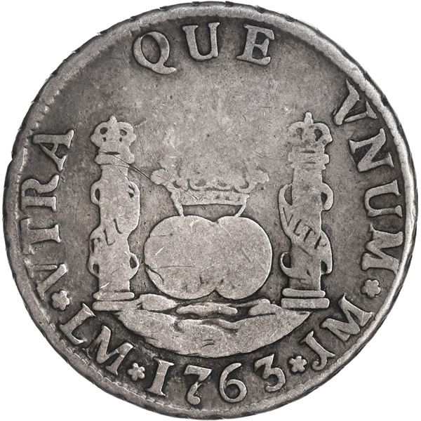 PERU, Lima, pillar 2 reales, Charles III, 1763 JM, mintmark without MA ligature, very rare, ex-O'Bri