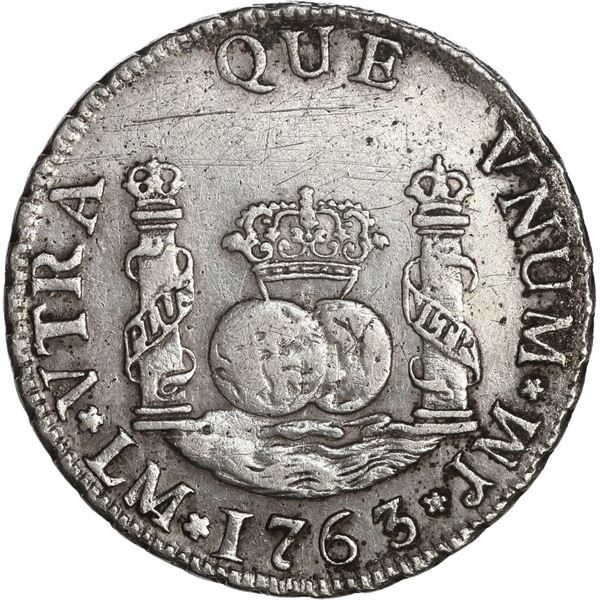 PERU, Lima, pillar 2 reales, Charles III, 1763 JM, mintmark with MA ligature, extremely rare, ex-O'B