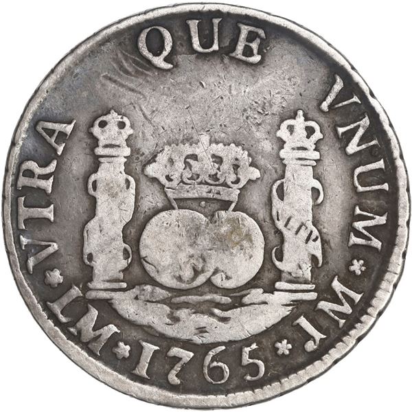 PERU, Lima, pillar 2 reales, Charles III, 1765 JM, no ligature in mintmark, with center dot inside c