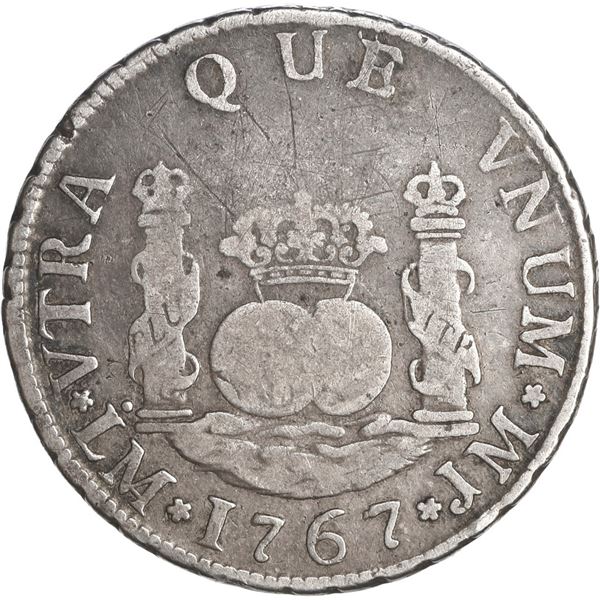 PERU, Lima, pillar 2 reales, Charles III, 1767 JM, double stop after HISP, very rare, ex-O'Brien.
