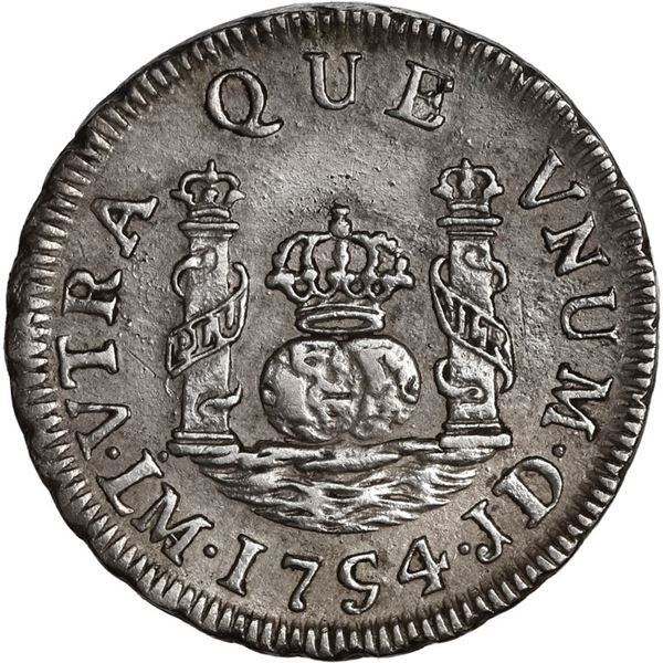 PERU, Lima, pillar 1 real, Ferdinand VI, 1754 JD, dotted mintmark with MA ligature, ex-O'Brien.