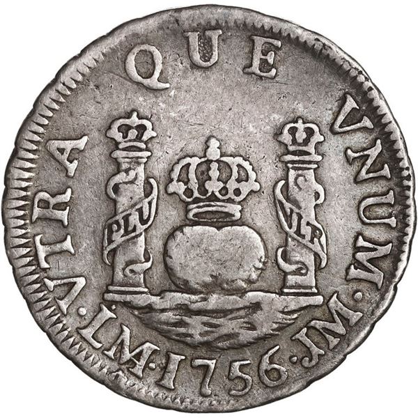 PERU, Lima, pillar 1 real, Ferdinand VI, 1756/5 JM, dotted mintmark, no stops in shield-side legend,