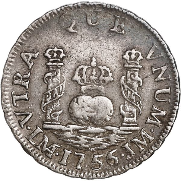 PERU, Lima, pillar 1 real, Ferdinand VI, 1756/5 JM, mintmark not dotted, with stops in shield-side l