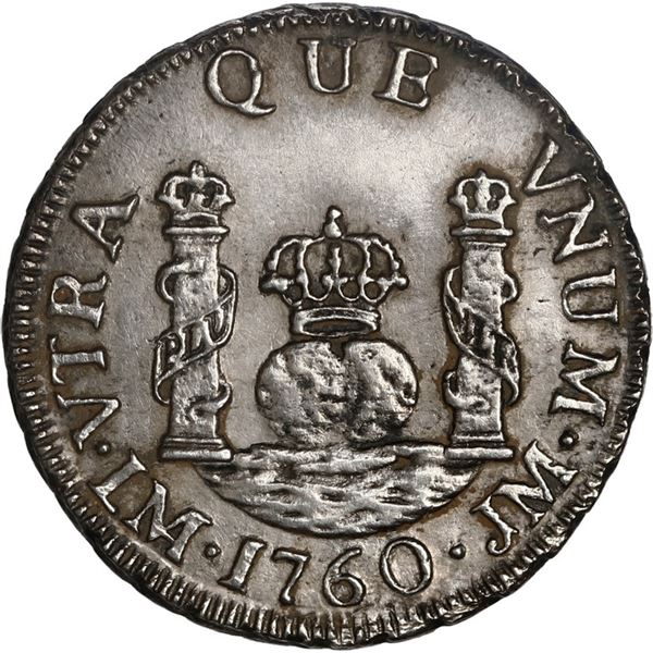 PERU, Lima, pillar 1 real, Ferdinand VI, 1760 JM, no overdate, very rare, ex-O'Brien.