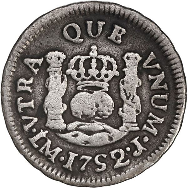 PERU, Lima, pillar ½ real, Ferdinand VI, 1752/1 J, very rare, ex-O'Brien.