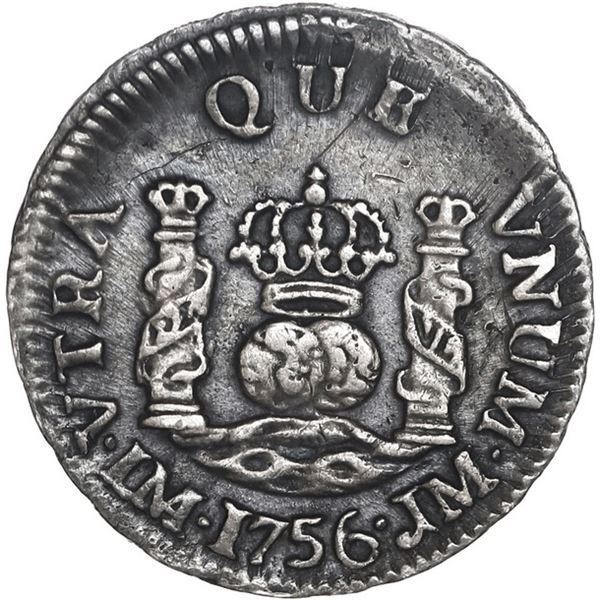 PERU, Lima, pillar ½ real, Ferdinand VI, 1756 JM, no • after HISP, very rare, ex-O'Brien.