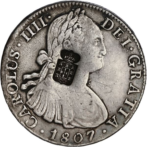 PORTUGAL, 870 reis, Maria II, crowned-arms countermark (1834) on a Mexico City, Mexico, bust 8 reale