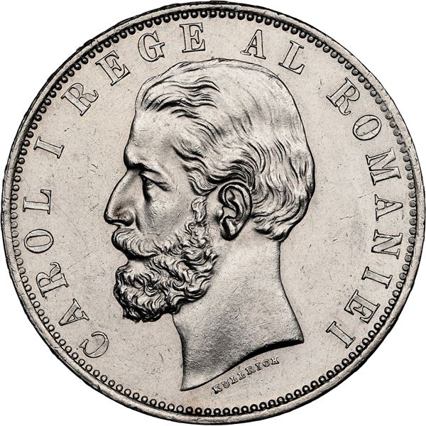 ROMANIA, Bucharest, 5 lei, Carol I, 1885-B, NGC UNC details / cleaned.