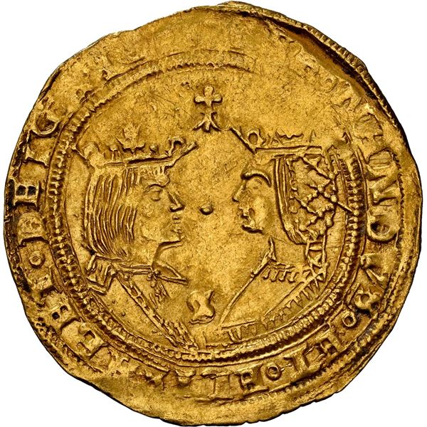 SPAIN, Seville, gold double excelente, Ferdinand-Isabel, ermine at top, S at bottom between busts, N