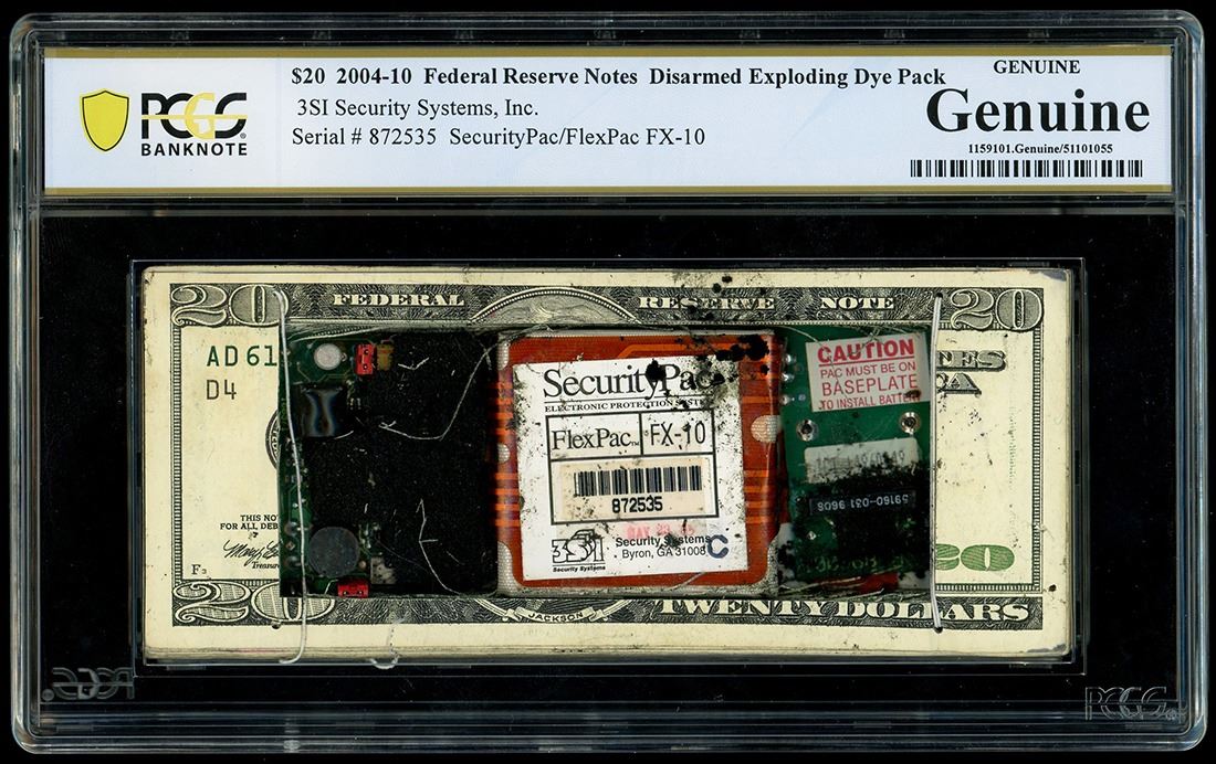 UNITED STATES, disarmed exploding dye pack strap of $20 bills, (2004 ...