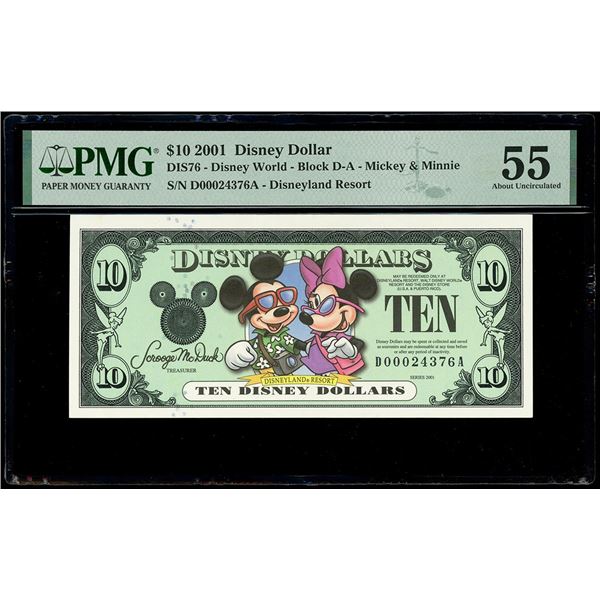 UNITED STATES, 10 Disney dollars, 2001, serial D00024376A, Mickey and Minnie / Disneyland Resort, PM