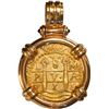 Image 1 : PERU, Lima, gold cob 8 escudos, 1711 M, ex-1715 Fleet, mounted pillars-side out in 18K gold pendant 