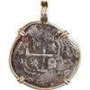 Image 1 : BOLIVIA, Potosí, cob 1 real, 1664 E, ex-Consolación (1681), mounted cross-side out in 14K gold penda