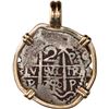 Image 1 : BOLIVIA, Potosí, cob 2 reales, 1740 P, mounted pillars-side out in 14K gold pendant with fixed bail.