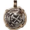 Image 2 : BOLIVIA, Potosí, cob 2 reales, 1740 P, mounted pillars-side out in 14K gold pendant with fixed bail.