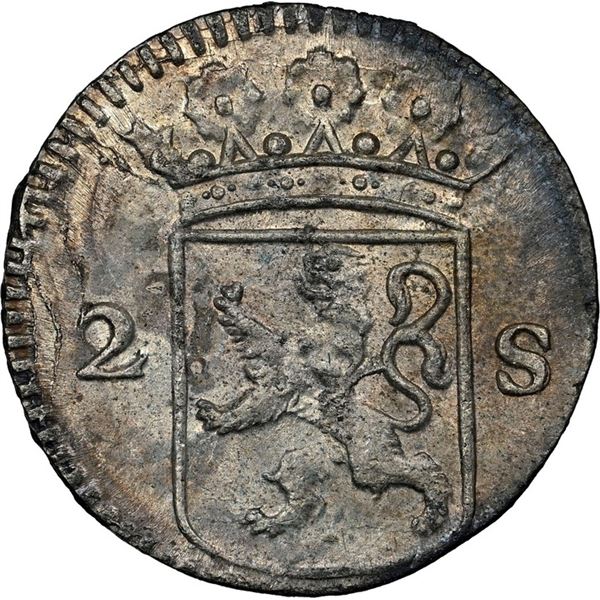NETHERLANDS (United), Holland, 2 stuivers, 1724, NGC UNC details / saltwater damage (Shipwreck Blue