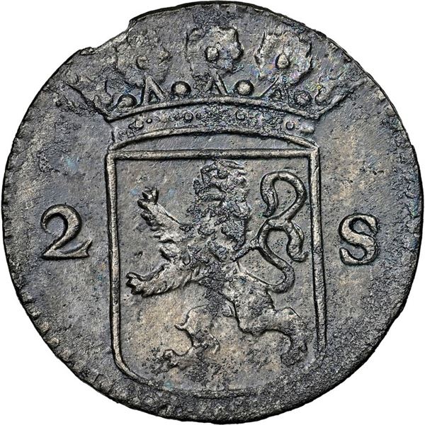 NETHERLANDS (United), Holland, 2 stuivers, 1724, NGC UNC details / saltwater damage (Shipwreck Blue