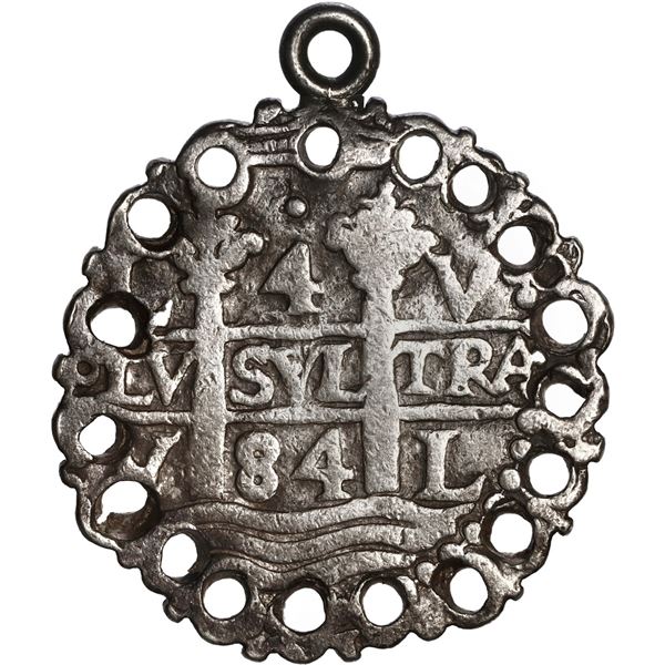 PERU, Lima, cob 4 reales, 1684 V, cut into round pendant with loop at top, eighteen holes around edg